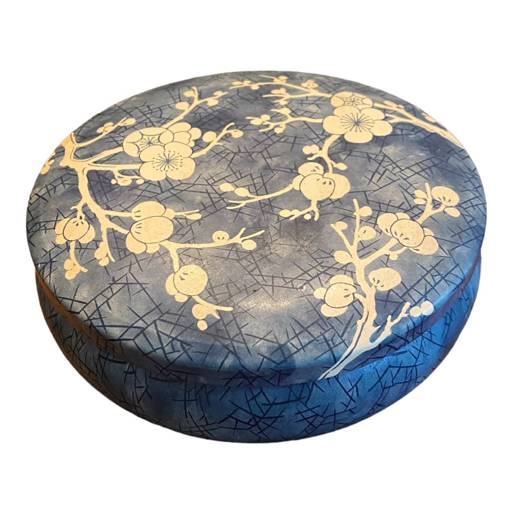 Vintage Daher England Blue Cherry Blossom Round Tin Lidded Trinket Box